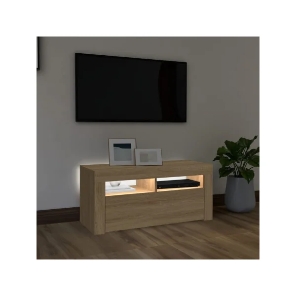 Meuble TV Chêne avec LED Meuble Télévision Moderne avec Rangement