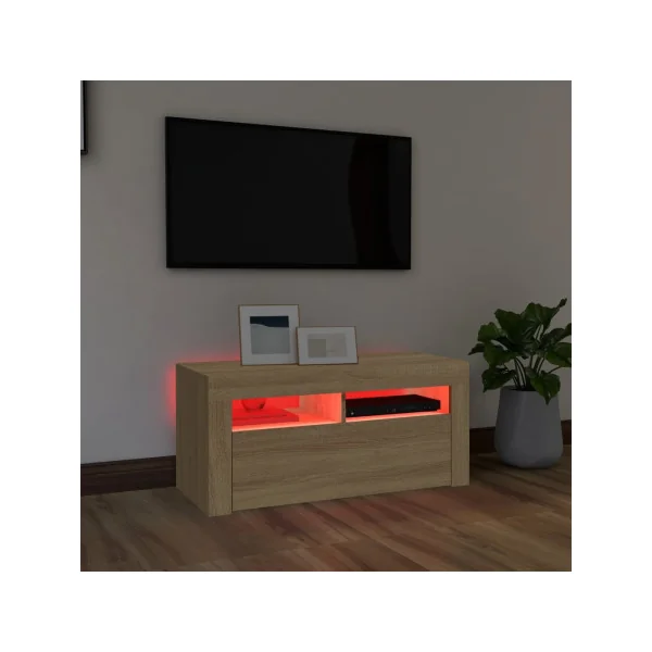 Meuble TV Chêne avec LED Meuble Télévision Moderne avec Rangement
