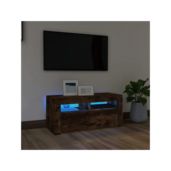 Meuble TV Chêne Brulé avec LED Meuble Télévision Moderne avec Rangement