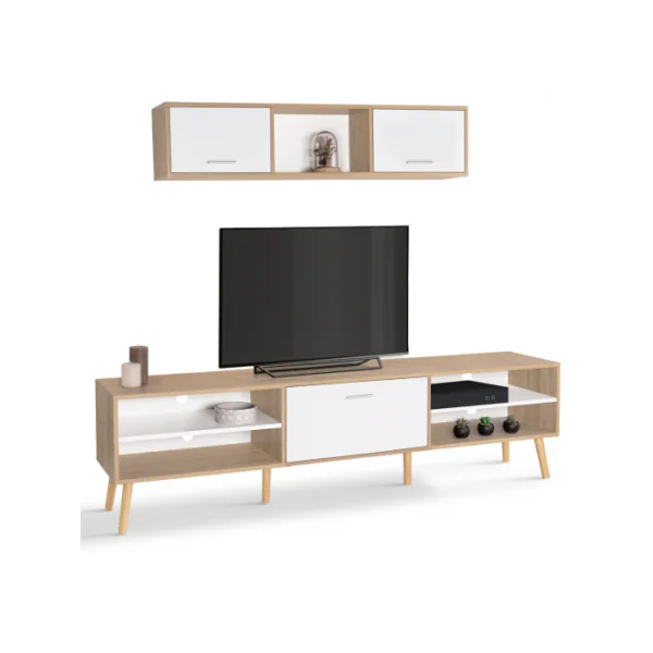 Meuble TV contemporain avec étagère chêne clair Meuble téléviseur blanc Meuble tv avec rangement