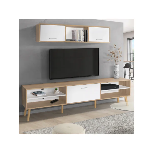Meuble TV contemporain avec étagère chêne clair Meuble téléviseur blanc Meuble tv avec rangement