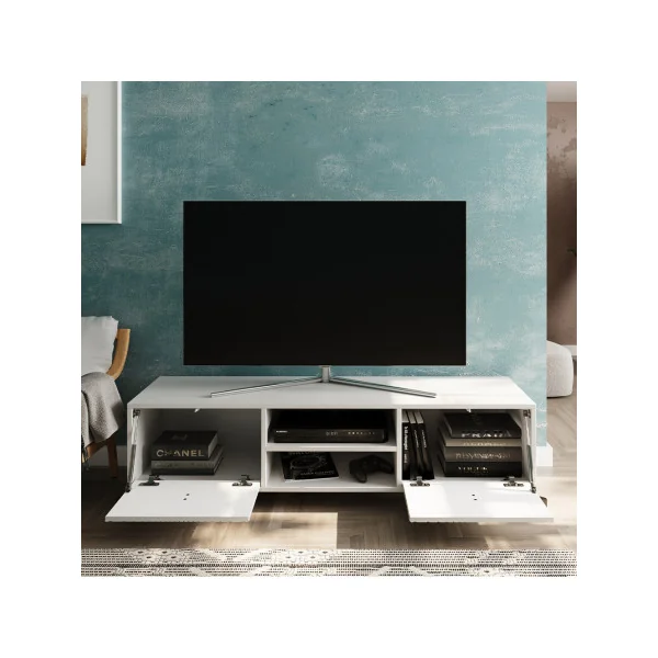 Meuble TV gris graphique 150 cm Meuble téléviseur avec compartiment et rangement