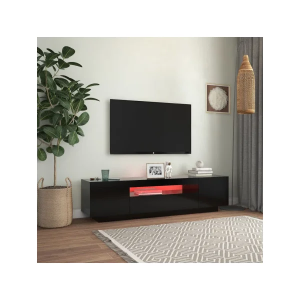 Meuble TV Noir Moderne LED Meuble Téléviseur avec rangement