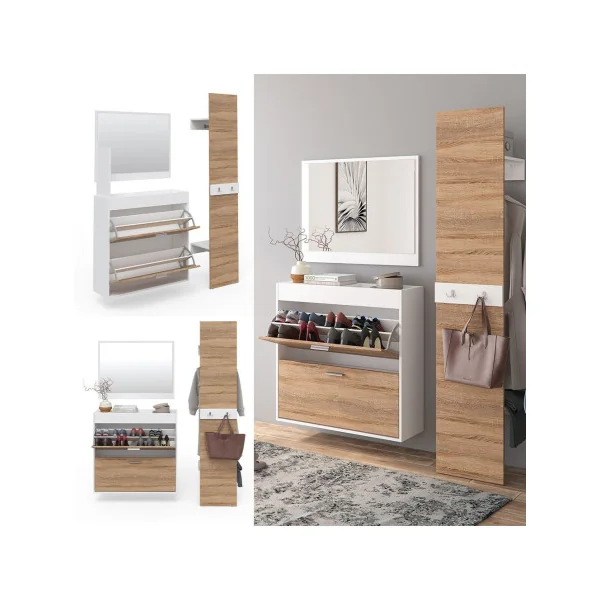 Meuble à chaussures avec vide poche et miroir Vestiaire d'entrée avec porte manteau chêne