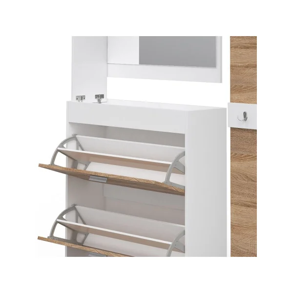 Meuble à chaussures avec vide poche et miroir Vestiaire d'entrée avec porte manteau chêne