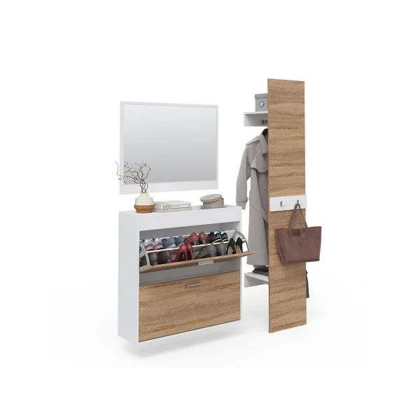 Meuble à chaussures avec vide poche et miroir Vestiaire d'entrée avec porte manteau chêne