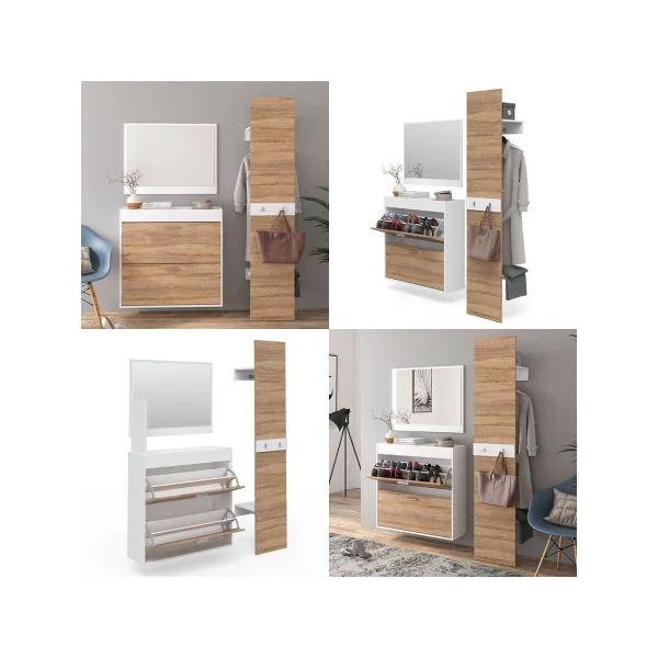 Meuble à chaussures avec vide poche et miroir Vestiaire d'entrée avec porte manteau chêne