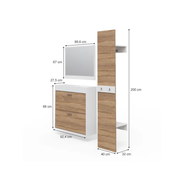 Meuble à chaussures avec vide poche et miroir Vestiaire d'entrée avec porte manteau chêne