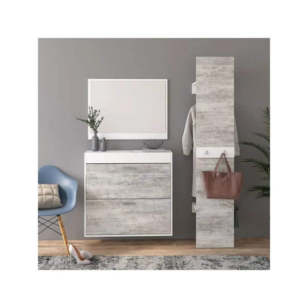 Meuble à chaussures avec vide poche et miroir Vestiaire d'entrée avec porte manteau gris béton