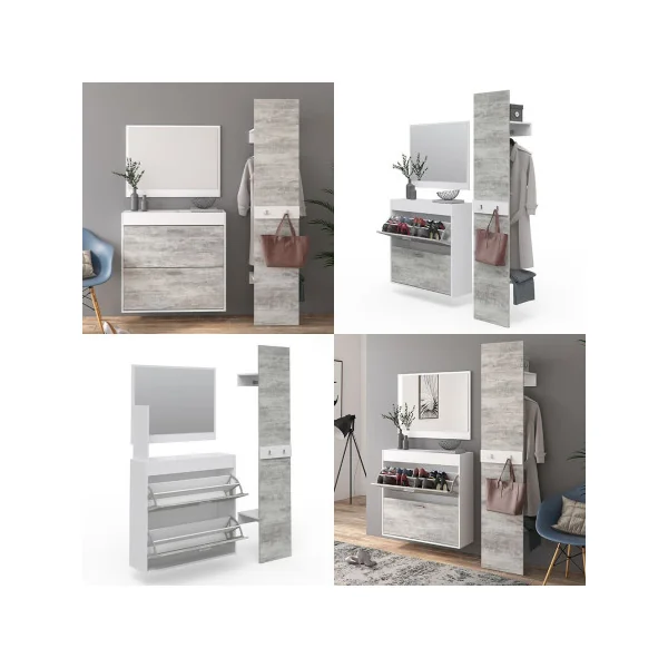 Meuble à chaussures avec vide poche et miroir Vestiaire d'entrée avec porte manteau gris béton