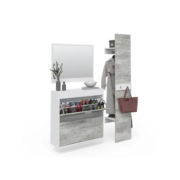 Meuble à chaussures avec vide poche et miroir Vestiaire d'entrée avec porte manteau gris béton