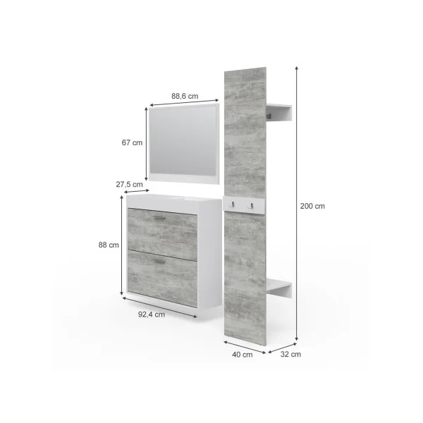 Meuble à chaussures avec vide poche et miroir Vestiaire d'entrée avec porte manteau gris béton