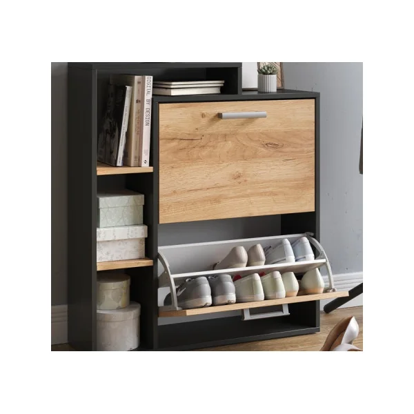 Meuble à chaussures avec étagère et 2 rabats rangement chaussures moderne anthracite et chêne