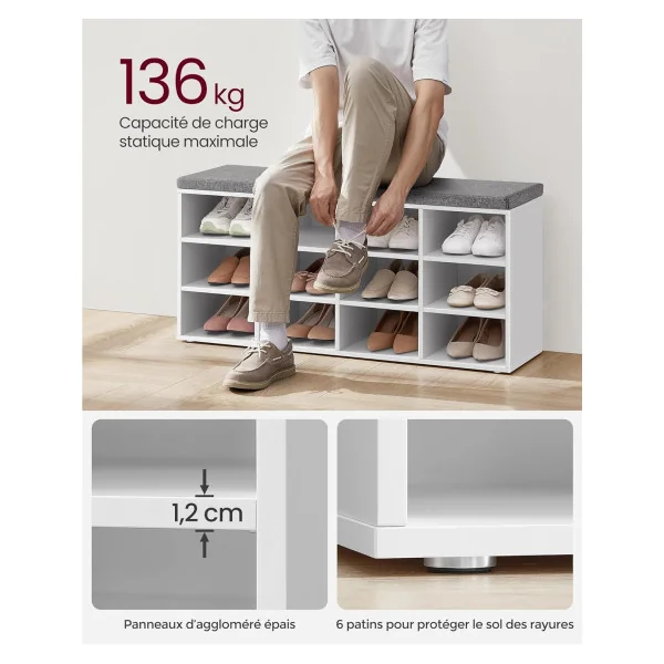 Meuble à Chaussures Blanc avec Coussin Rangement chaussures 12 compartiments