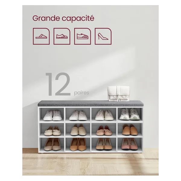 Meuble à Chaussures Blanc avec Coussin Rangement chaussures 12 compartiments