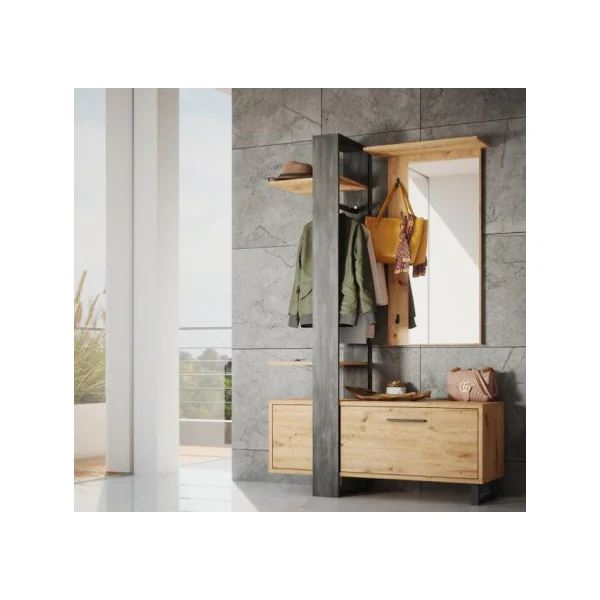 Meuble à chaussures chêne et anthracite avec porte manteaux mural et miroir Rangement chaussures Meuble d'entrée