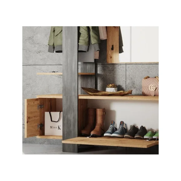 Meuble à chaussures chêne et anthracite avec porte manteaux mural et miroir Rangement chaussures Meuble d'entrée