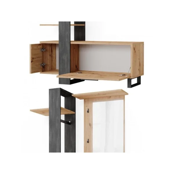 Meuble à chaussures chêne et anthracite avec porte manteaux mural et miroir Rangement chaussures Meuble d'entrée