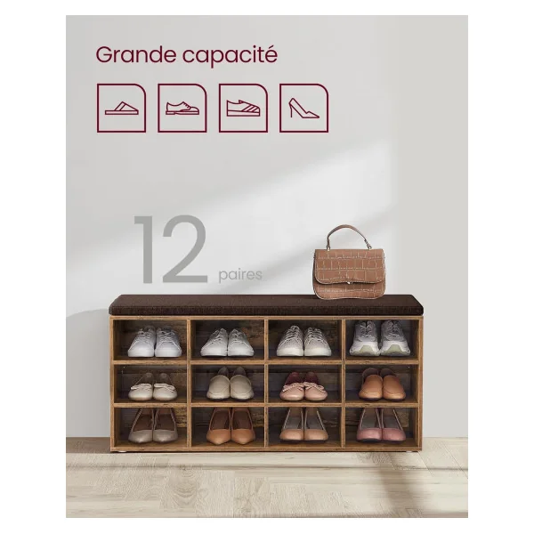 Meuble à Chaussures Marron Rustique avec Coussin Rangement chaussures 12 compartiments