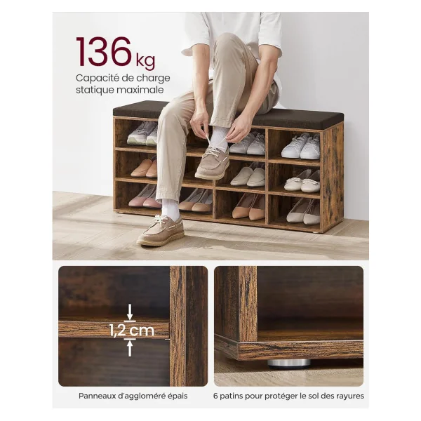 Meuble à Chaussures Marron Rustique avec Coussin Rangement chaussures 12 compartiments