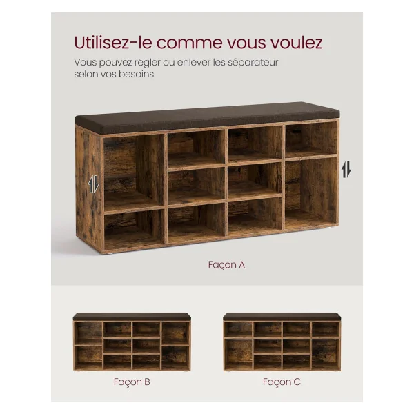 Meuble à Chaussures Marron Rustique avec Coussin Rangement chaussures 12 compartiments