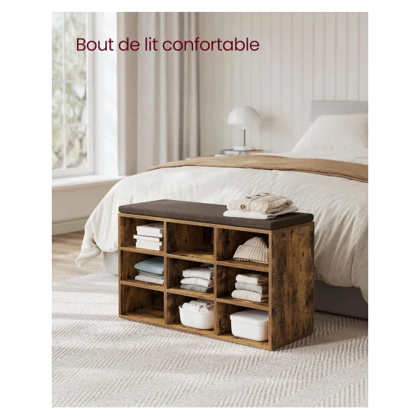 Meuble à Chaussures Marron Rustique avec Coussin Rangement chaussures 9 compartiments