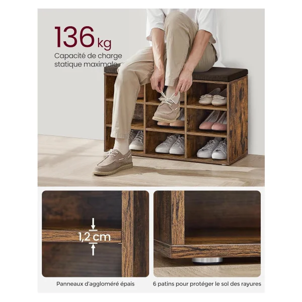 Meuble à Chaussures Marron Rustique avec Coussin Rangement chaussures 9 compartiments