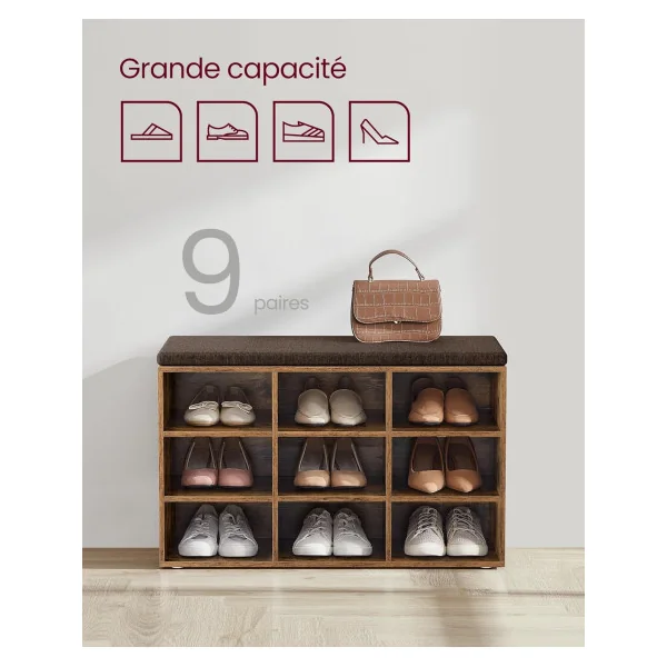 Meuble à Chaussures Marron Rustique avec Coussin Rangement chaussures 9 compartiments