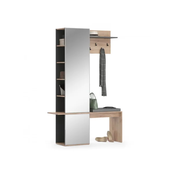 Meuble à chaussures Meuble d'entrée avec porte manteaux Anthracite et chêne Banc chaussures