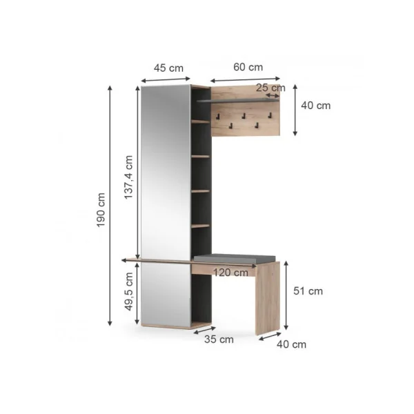 Meuble à chaussures Meuble d'entrée avec porte manteaux Anthracite et chêne Banc chaussures