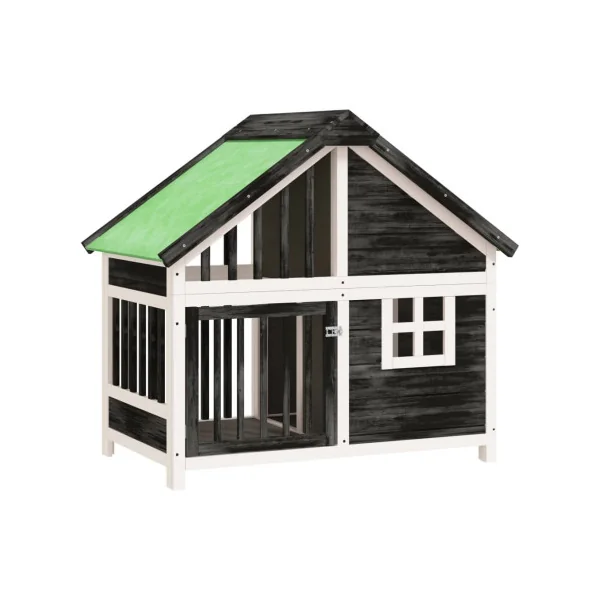 Niche chat en bois de pin avec porte Niche chaton grise et blanche