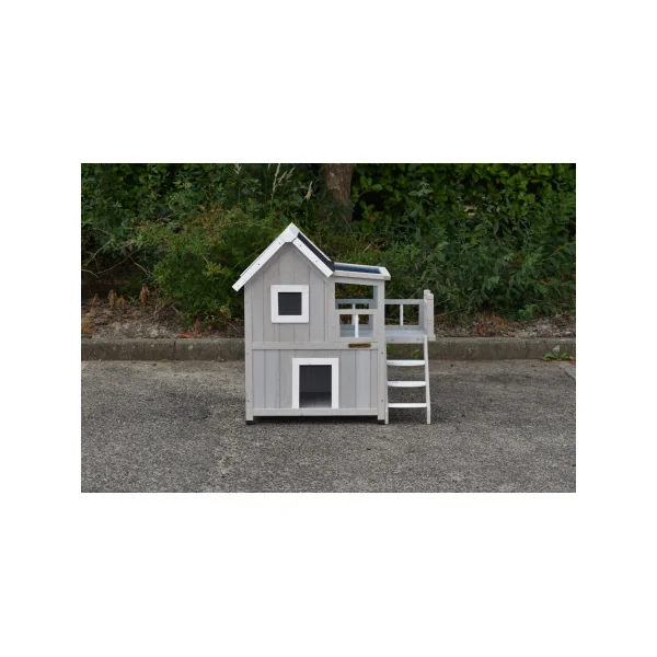 Niche chat moderne gris et blanc Maisonnette chat en bois avec étage
