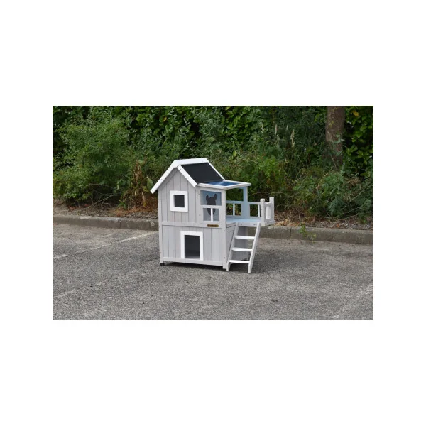 Niche chat moderne gris et blanc Maisonnette chat en bois avec étage