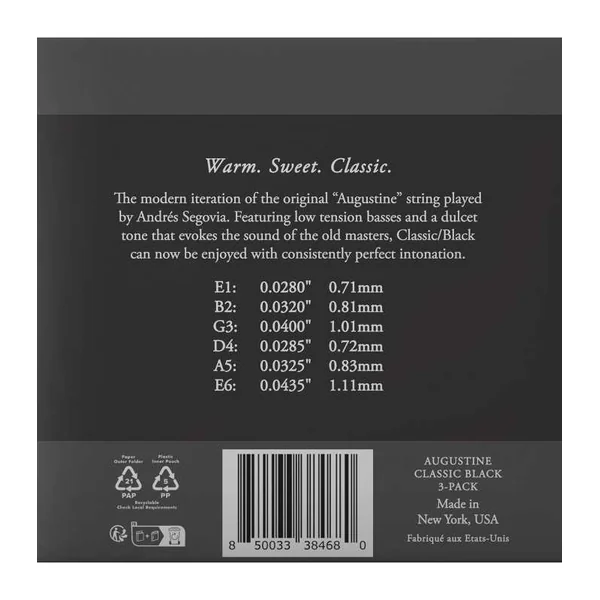 Pack de 3 jeux de Cordes pour Guitare Classique AUGUSTINE NOIR Tirant Faible