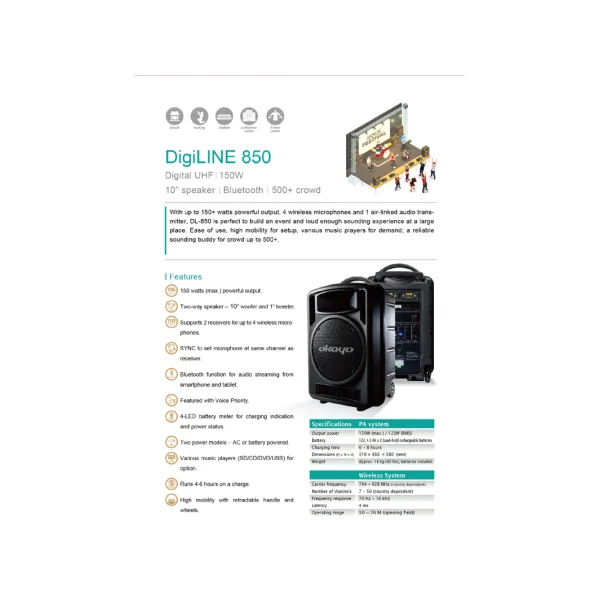 Pack enceinte sur batterie 150W DL-850 + BT + micro main HF OKAYO