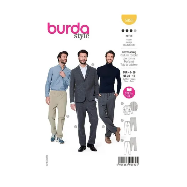 Patron Burda 5955 - Costume homme avec pantalon décontracté et veste classique du 48 au 58 (FR)