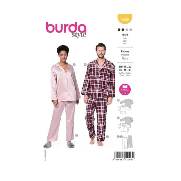 Patron Burda 5956 - Pyjama UNISEX classique et confortable pour elle et lui (M, L, XL)