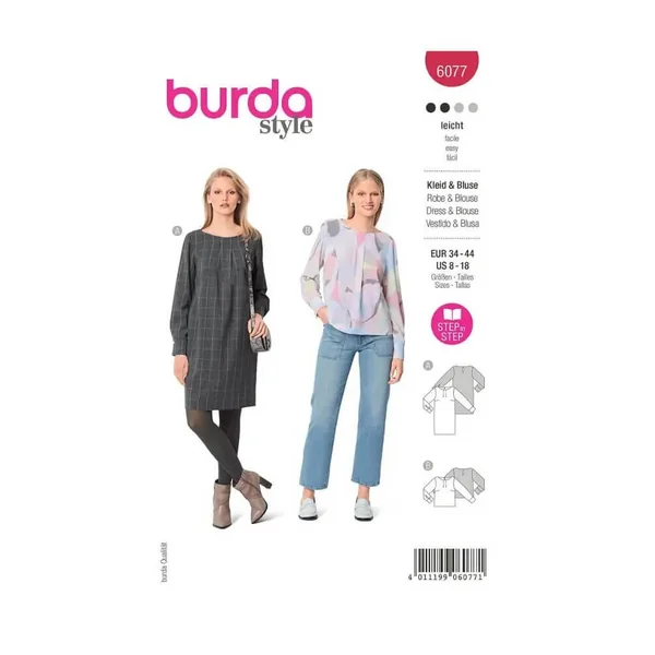 Patron Burda 6077 - Robe et blouse dans une coupe droite avec poignets du 36 au 46
