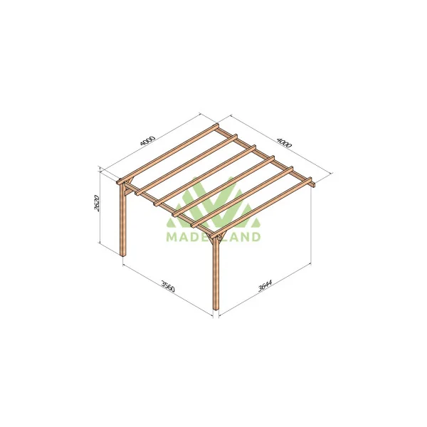Pergola 16m² 400x400 cm adossée en bois d'Europe du Nord lamellé collé