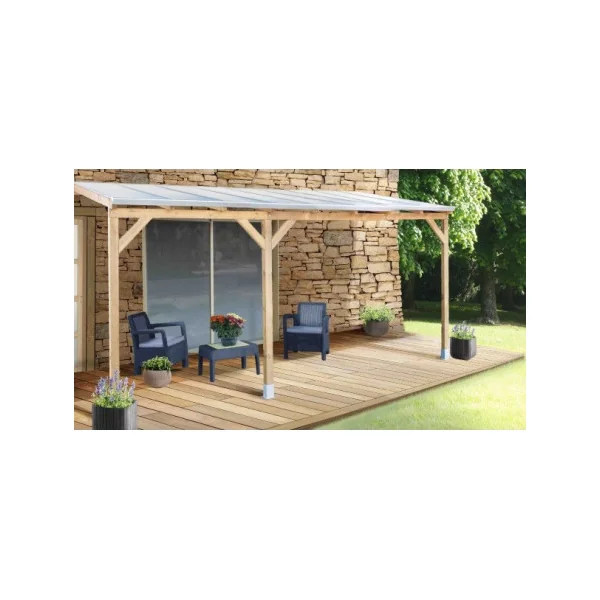 Pergola 300x490 cm adossée Pin autoclave avec toit en polycarbonate Tonnelle adossée Couverture de toit bois massif