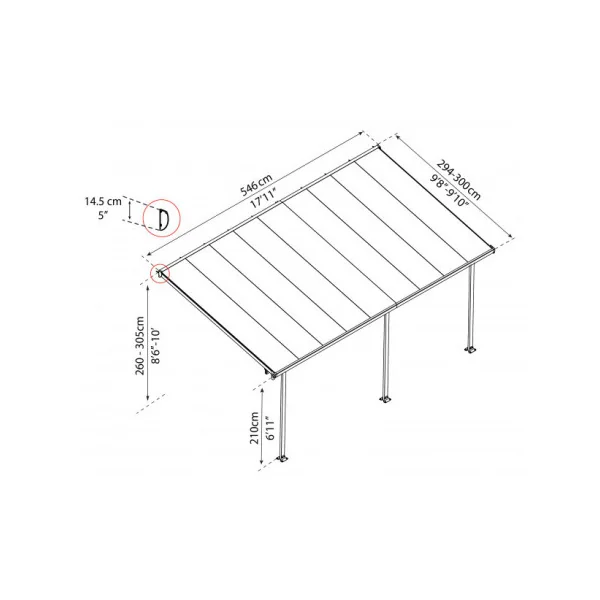 Pergola adossée 5x3m aluminium anthracite Toit de terrasse en polycarbonate