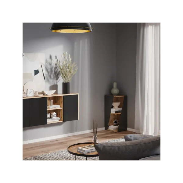 Petite Bibliothèque d'angle anthracite et chêne Meuble rangement livre étagère rangement