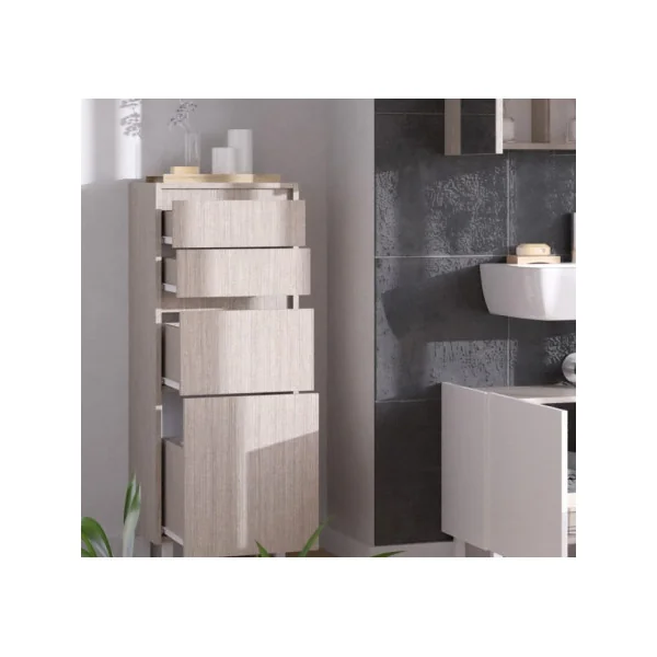 Petite Colonne de Salle de Bain Greige et Blanc avec 4 Tiroirs Armoire de Rangement