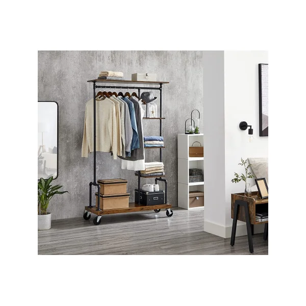 Porte vêtements industriel Portant mobile brun rustique Portant vêtement avec étagères Porte manteaux mobile