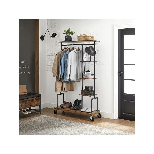 Porte vêtements industriel Portant mobile brun rustique Portant vêtement avec étagères Porte manteaux mobile