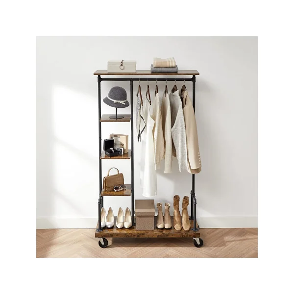 Porte vêtements industriel Portant mobile brun rustique Portant vêtement avec étagères Porte manteaux mobile