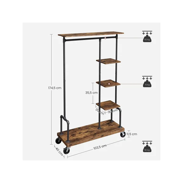 Porte vêtements industriel Portant mobile brun rustique Portant vêtement avec étagères Porte manteaux mobile