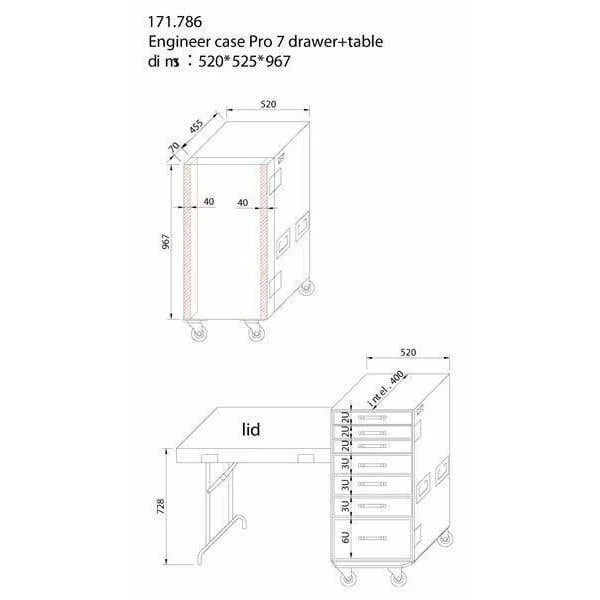 Power Dynamics PD-FA5 - Flightcase avec Commode avec 7 Tiroirs, Table et Roues Intégrées