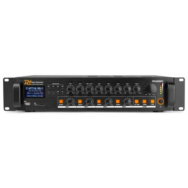 Power Dynamics PDV360MP3 - Amplificateur Mixeur 100V 4 Zones, 360W, FM/BT/USB/SD/MP3