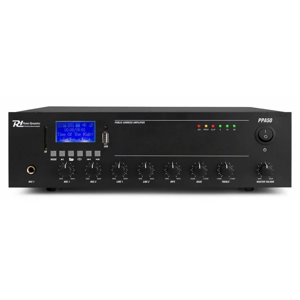 Power Dynamics PPA50 - Amplificateur Mixeur 100V, 50W, Bluetooth, USB/SD avec Télécommande